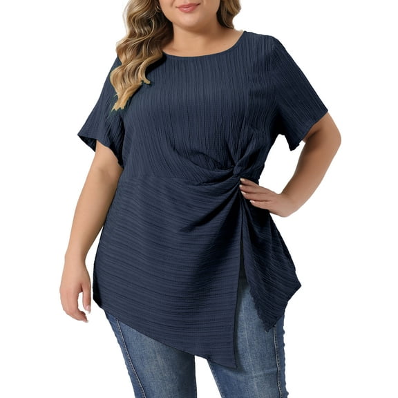 Agnes Orinda Plus Size Tops for Women Asymmetrical Hem Round Neck Short Sleeve Twist Knot T Shirt Top 2X Navy Blue