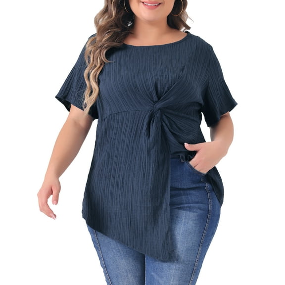 Agnes Orinda Plus Size Tops for Women Asymmetrical Hem Round Neck Short Sleeve Twist Knot T Shirt Top 4X Dark Blue