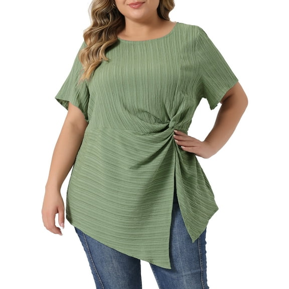 Agnes Orinda Plus Size Tops for Women Asymmetrical Hem Round Neck Short Sleeve Twist Knot T Shirt Top 4X Green