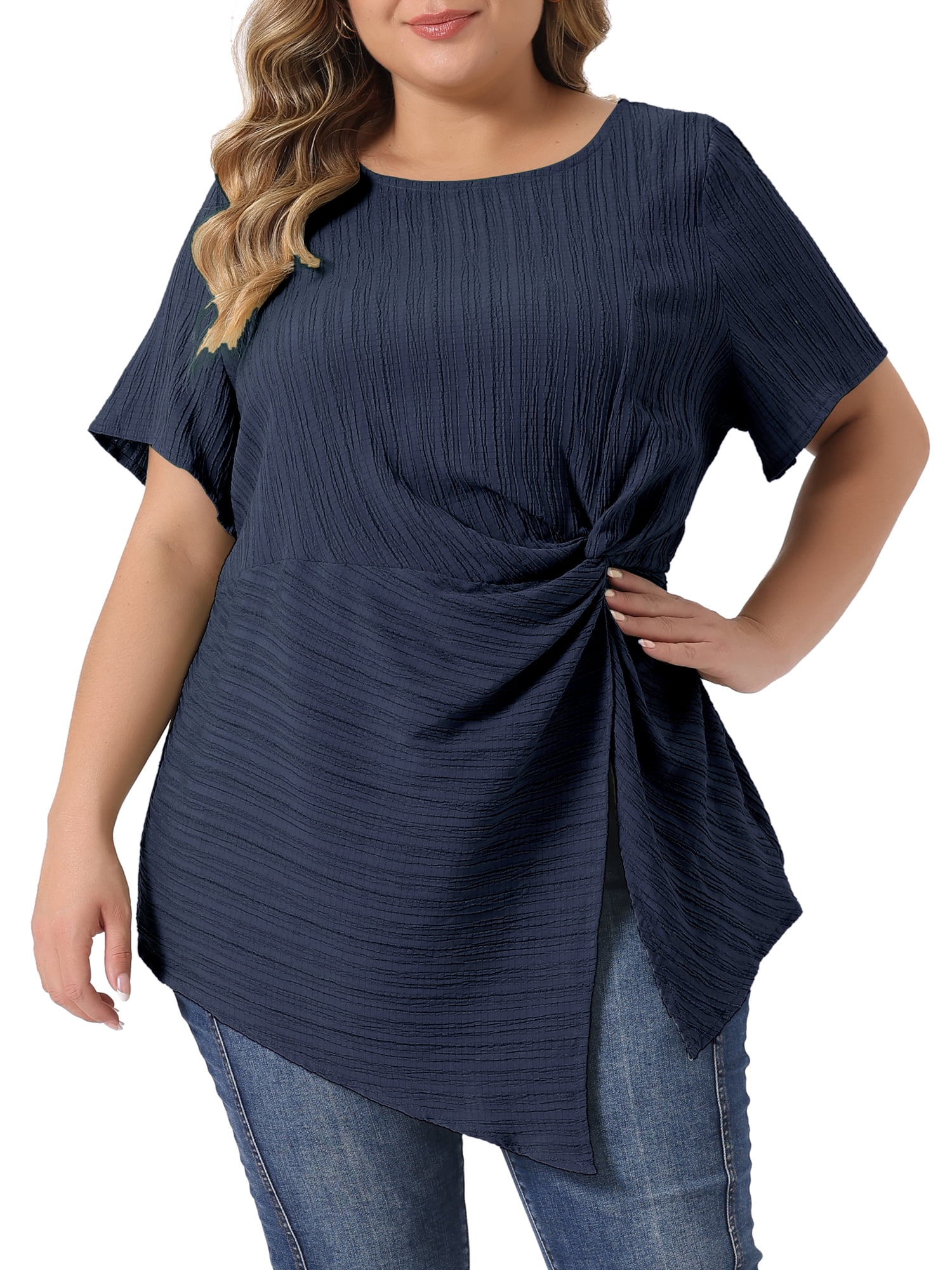 QACOHU Women's Triple Color Block Twist Knot T-Shirt - Long Sleeve, Round Neck, Green, Size XXL