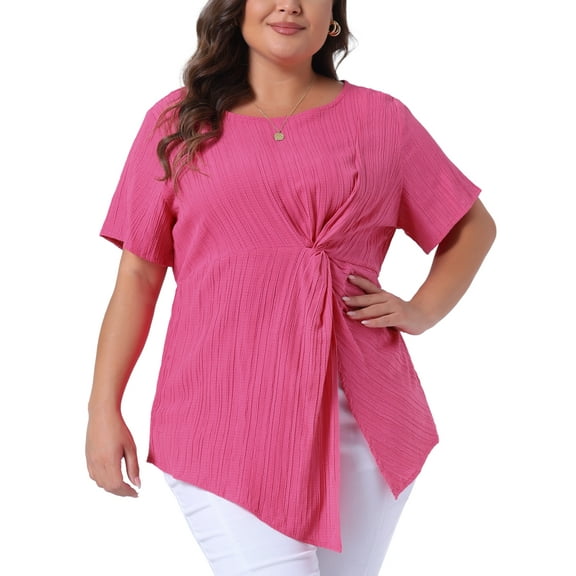 Agnes Orinda Plus Size Tops for Women Asymmetrical Hem Round Neck Short Sleeve Twist Knot T Shirt Top 4X Rose Red