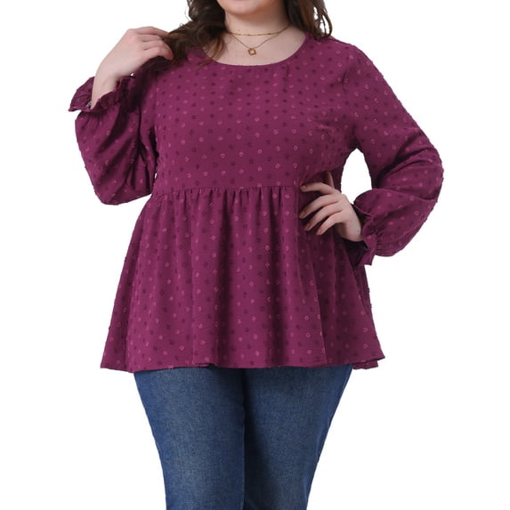 Agnes Orinda Women's Plus Size St. Patrick's Day Tops Swiss Dots Tiered Peplum Crew Neck Puff Sleeve Casual Babydoll Blouses 1X Red Purple