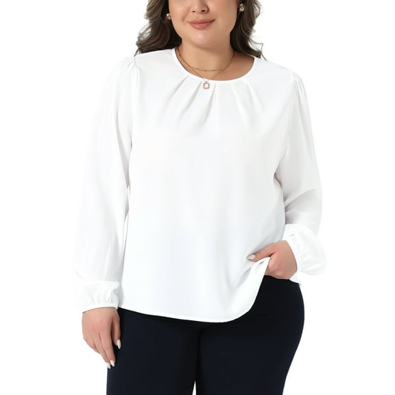 Agnes Orinda Plus Size Tops for Women Crew Neck Pleated Work Office Long Sleeve Blouses Shirts 4X White