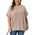 thumbnail image 1 of Agnes Orinda Women's Plus Size Striped Tops Crew Neck Short Sleeve Shirts Side Slit Summer Casual Blouse 2X Khaki, 1 of 6