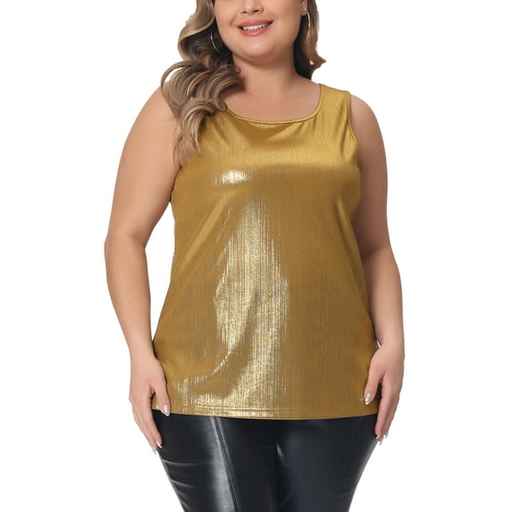 Agnes Orinda Women's Plus Size Tops Round Neck Sleeveless Party Clubwear Holographic Shiny Metallic Tank Top 2X Gold