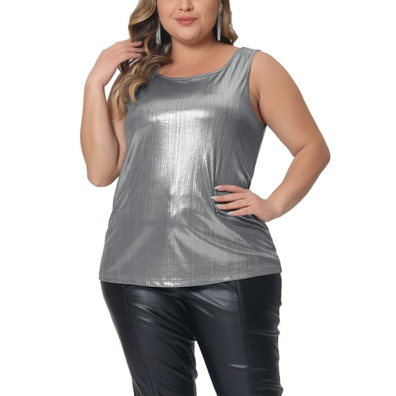 Agnes Orinda Women's Plus Size Tops Round Neck Sleeveless Party Clubwear Holographic Shiny Metallic Tank Top 2X Silver