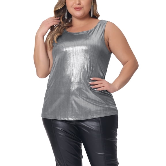 Agnes Orinda Women's Plus Size Tops Round Neck Sleeveless Party Clubwear Holographic Shiny Metallic Tank Top 3X Silver