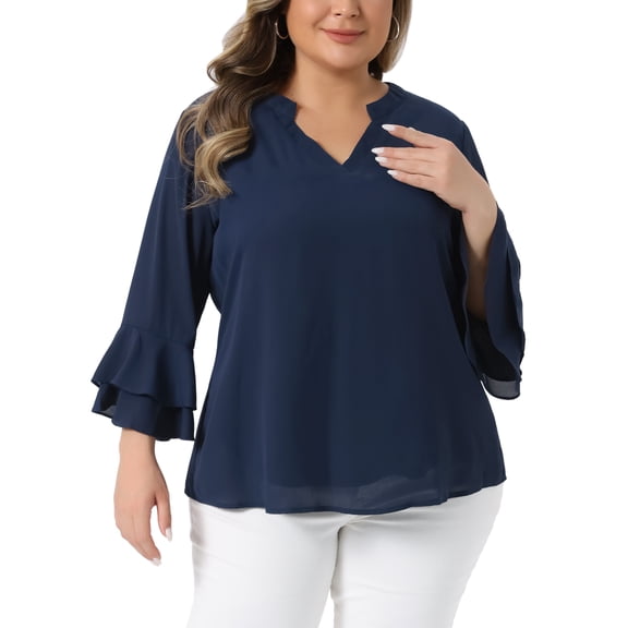 Agnes Orinda Plus Size Tops for Women Dressy 3/4 Bell Sleeve Blouses Double Layered Chiffon Work Tunic Shirts 2X Navy Blue