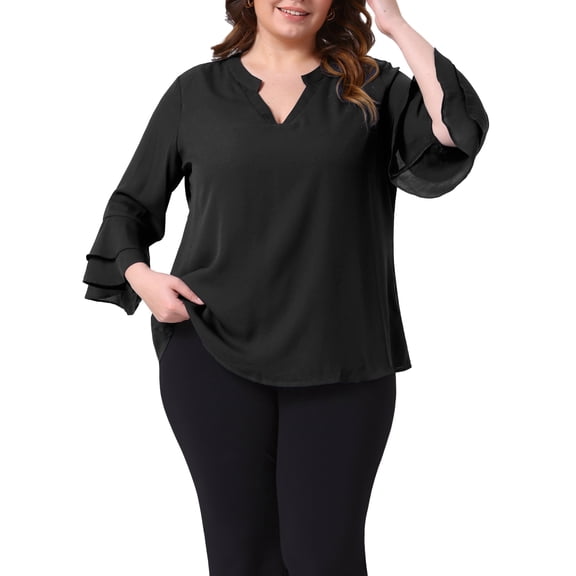 Agnes Orinda Plus Size Tops for Women Dressy 3/4 Bell Sleeve Blouses Double Layered Chiffon Work Tunic Shirts 3X Black