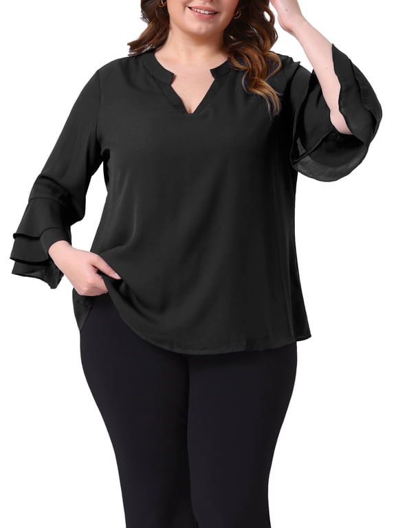 Plus Size Tops for Women Dressy 3/4 Bell Sleeve Blouses Double Layered Chiffon Work Tunic Shirts 3X Black