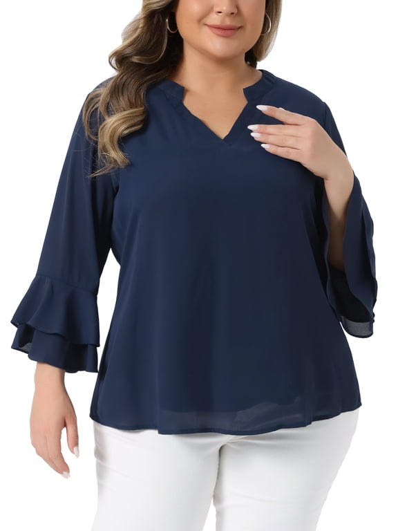 Plus Size Tops for Women Dressy 3/4 Bell Sleeve Blouses Double Layered Chiffon Work Tunic Shirts 3X Navy Blue