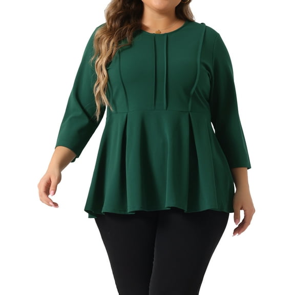 Agnes Orinda Plus Size Tops for Women Elegant Crew Neck Solid Color Workwear 3/4 Sleeve Peplum Top 4X Green