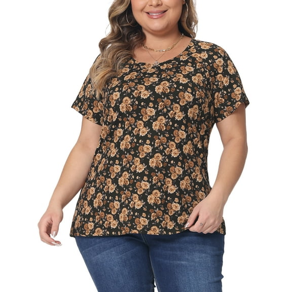 Agnes Orinda Plus Size Tops for Women Floral Printed Short Sleeve Round Neck Loose Casual Basic Tee Shirt