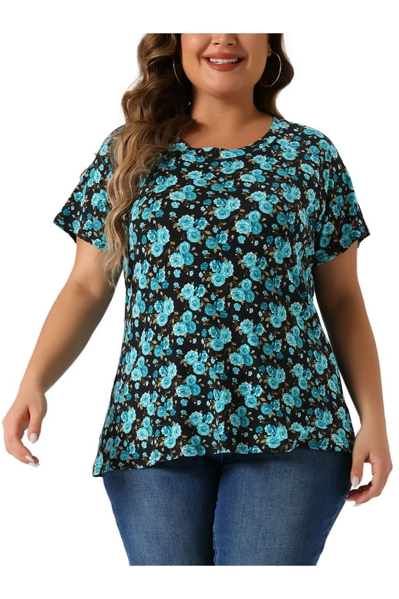 Plus Size Tops for Women Floral Printed Short Sleeve Round Neck Loose Casual Basic Tee Shirt