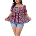 thumbnail image 1 of Agnes Orinda Women's Plus Size Floral Tops Sweatheart Neck Short Sleeve Ruffle Hem Back Smocked Casual Summer Babydoll Blouses 1X Hot Pink, 1 of 6