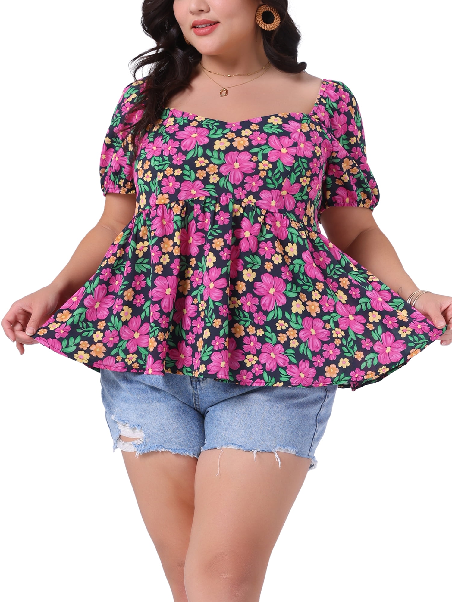 Agnes Orinda Women's Plus Size Floral Tops Sweatheart Neck Short Sleeve ...