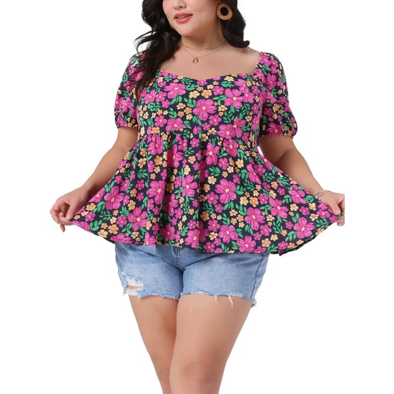 Agnes Orinda Women's Plus Size Floral Tops Sweatheart Neck Short Sleeve Ruffle Hem Back Smocked Casual Summer Babydoll Blouses 2X Hot Pink