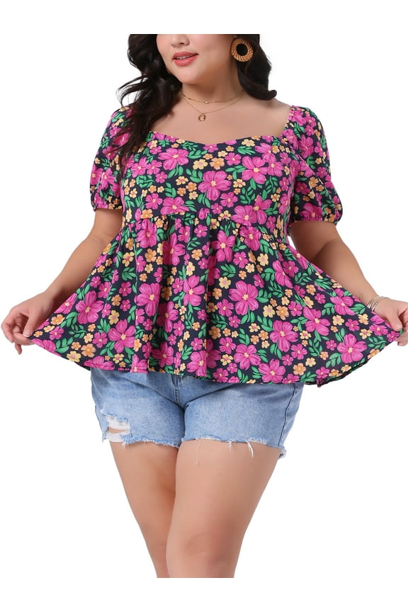 Women's Plus Size Floral Tops Sweatheart Neck Short Sleeve Ruffle Hem Back Smocked Casual Summer Babydoll Blouses 2X Hot Pink