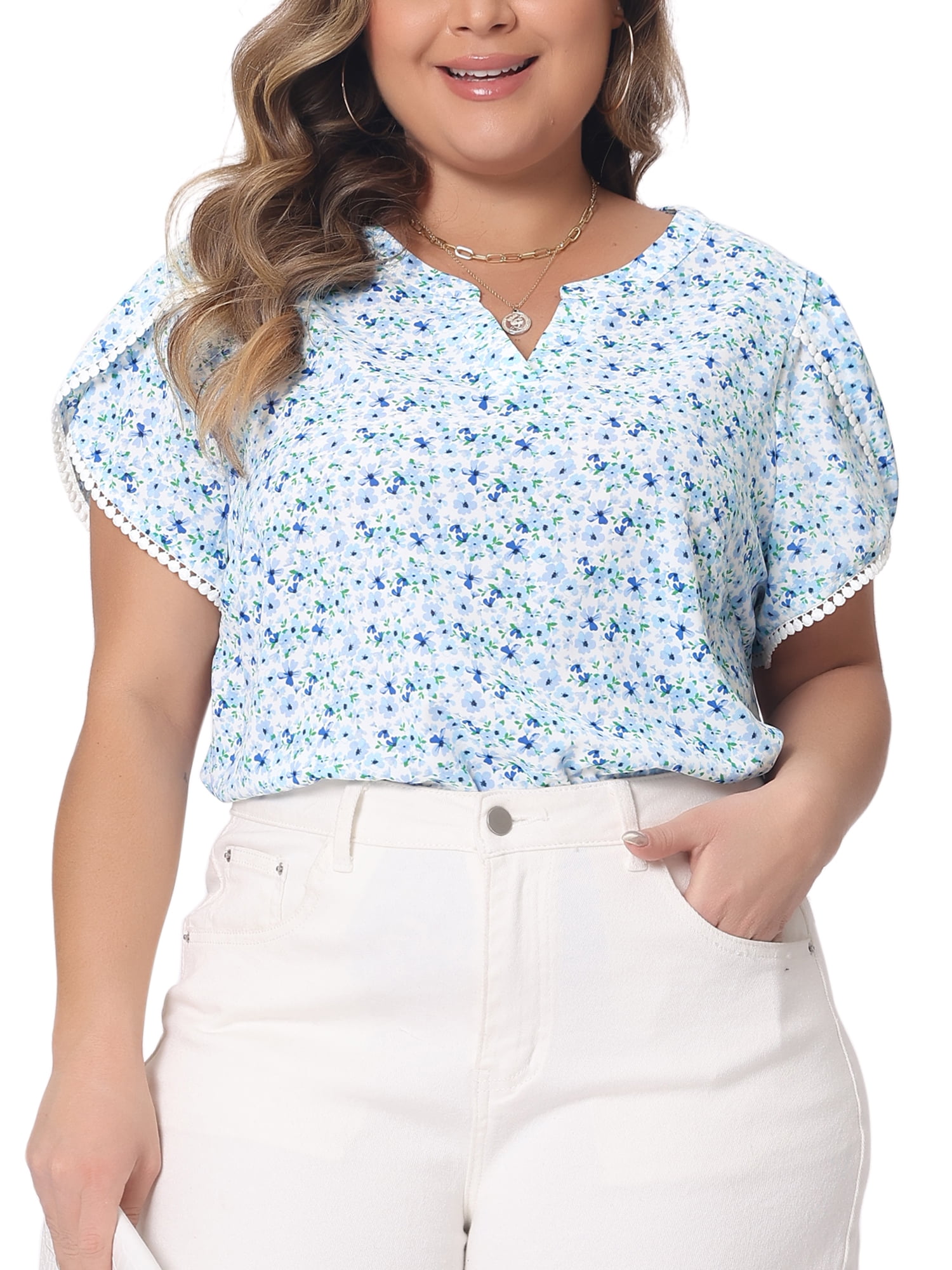 Agnes Orinda Womens Plus Size Tops Tunic Floral V Neck Tulip Sleeve ...
