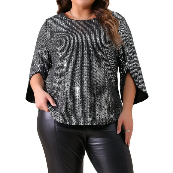 Agnes Orinda Women's Plus Size Tops Glitter 3/4 Slit Sleeve Crew Neck Shimmer Sparkle Sequin Party Blouse Tops 2025 3X Black