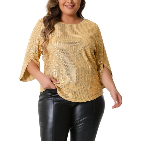 Agnes Orinda Women's Plus Size Tops Glitter 3/4 Slit Sleeve Crew Neck Shimmer Sparkle Sequin Party Blouse Tops 2025 3X Gold