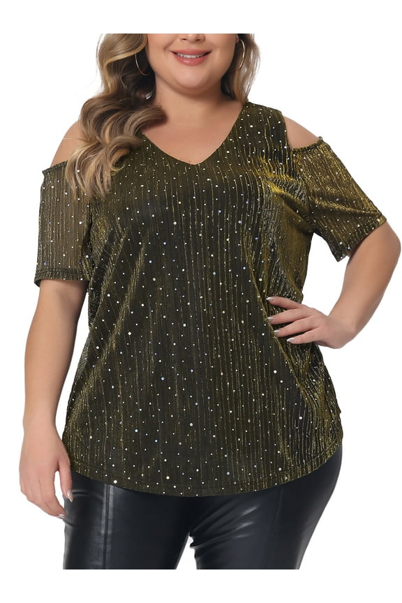 Plus Size Tops for Women Glitter Sequin Cold Shoulder Short Sleeve Party Basic Blouses Tee Tops 2X Gold