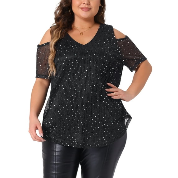 Agnes Orinda Plus Size Tops for Women Glitter Sequin Cold Shoulder Short Sleeve Party Basic Blouses Tee Tops 3X Black
