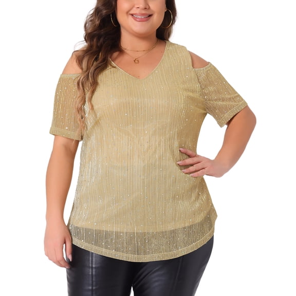 Agnes Orinda Plus Size Tops for Women Glitter Sequin Cold Shoulder Short Sleeve Party Basic Blouses Tee Tops 3X Yellow
