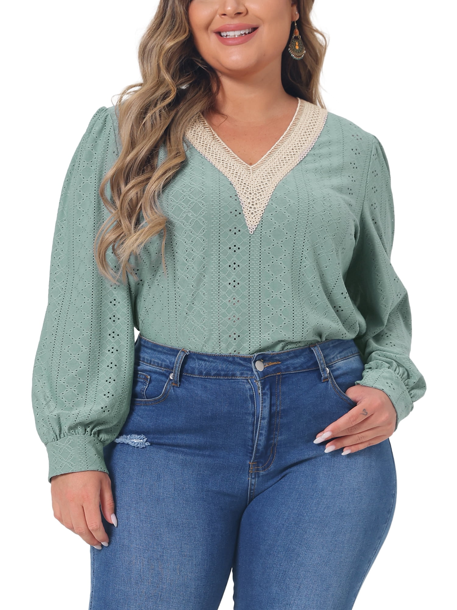 Agnes Orinda Plus Size Tops for Women Lace Petal V Neck Long Sleeve ...