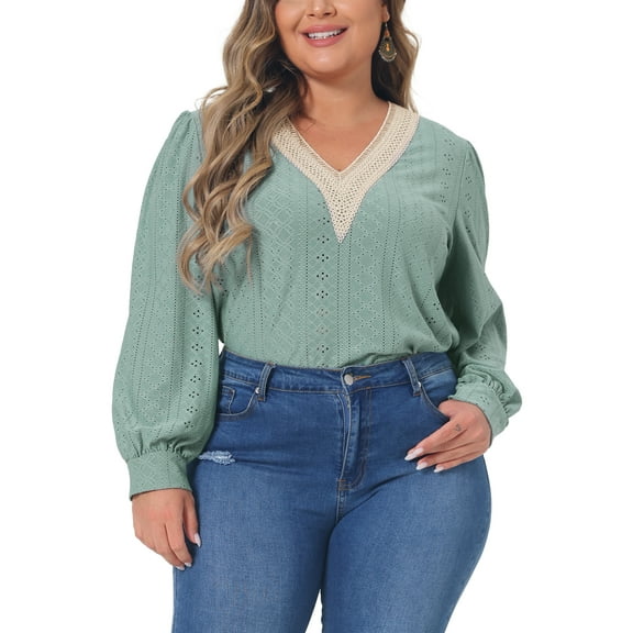Agnes Orinda Plus Size Tops for Women Lace Petal V Neck Long Sleeve Shirts Eyelet Business Casual Blouses