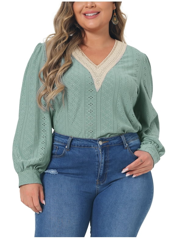 Plus Size Tops for Women Lace Petal V Neck Long Sleeve Shirts Eyelet Business Casual Blouses