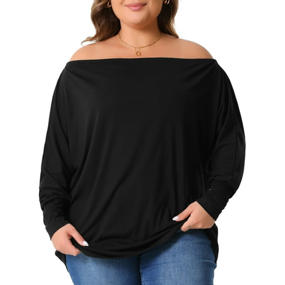 Agnes Orinda Women's Plus Size off-the-Shoulder Long Sleeve Basic Blouses Dolman Tops Tee Shirts 3X Black