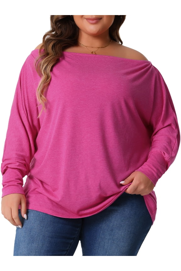 Women's Plus Size off-the-Shoulder Long Sleeve Basic Blouses Dolman Tops Tee Shirts 3X Hot Pink