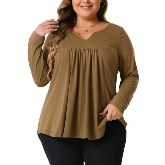 Agnes Orinda Women's Plus Size Tops Women Long Sleeve Notched Neck Front Pleated T-Shirt Blouses 3X Brown