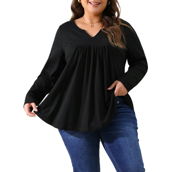 Agnes Orinda Women's Plus Size Tops Women Long Sleeve Notched Neck Front Pleated T-Shirt Blouses 4X Black