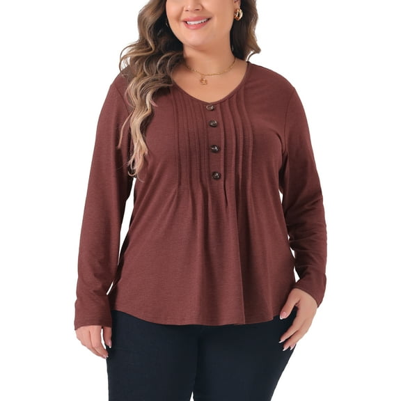 Agnes Orinda Women's Plus Size Tops Long Sleeve Pleated Front Casual V Neck Shirts Blouses 1X Burgundy
