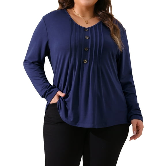 Agnes Orinda Women's Plus Size Tops Long Sleeve Pleated Front Casual V Neck Shirts Blouses 4X Navy Blue