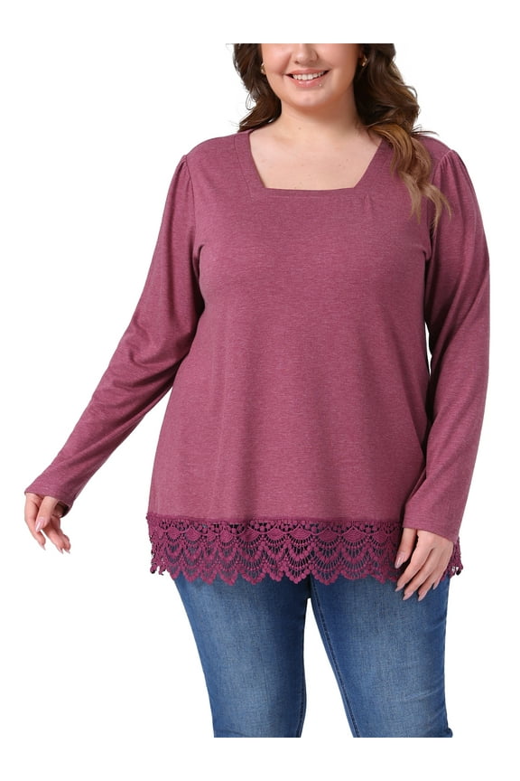 Plus Size Tops for Women Long Sleeve Square Neck Tunic Fall Winter Blouse with Lace Hem 3X Fuchsia