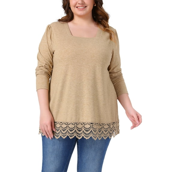 Agnes Orinda Plus Size Tops for Women Long Sleeve Square Neck Tunic Fall Winter Blouse with Lace Hem 4X Khaki