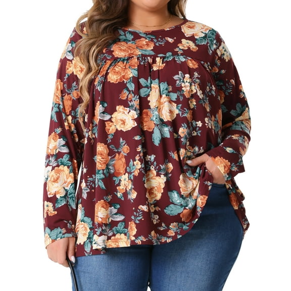 Agnes Orinda Plus Size Tops for Women Long Sleeve Tunic Pleated Crew Neck Dressy Casual Fall Blouses 1X Burgundy
