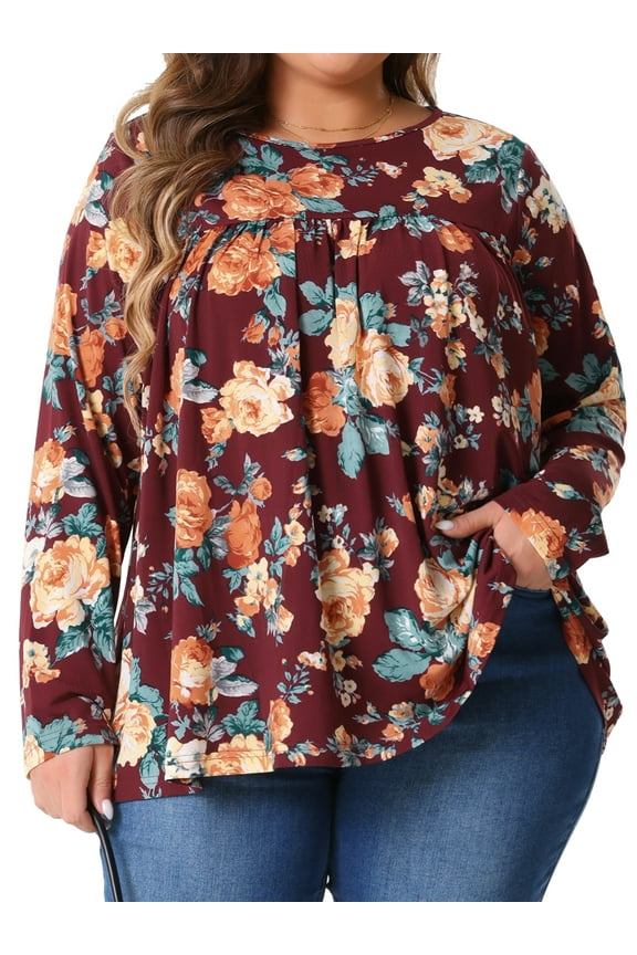 Plus Size Tops for Women Long Sleeve Tunic Pleated Crew Neck Dressy Casual Fall Blouses 3X Burgundy
