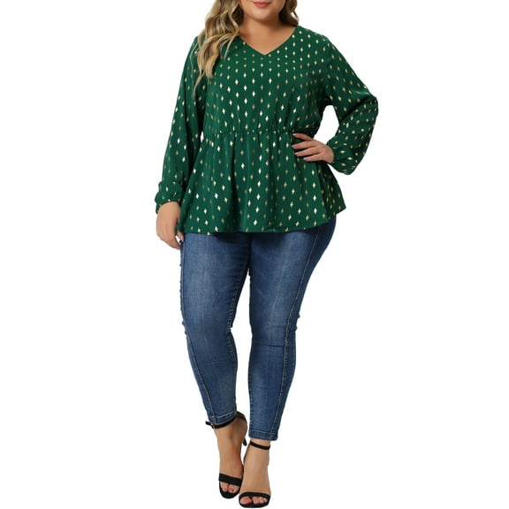 Agnes Orinda Women's Plus Size Valentines Day Tops Long Sleeve V Neck Peplum Ruffled Elastic Waist Blouses 1X Dark Green