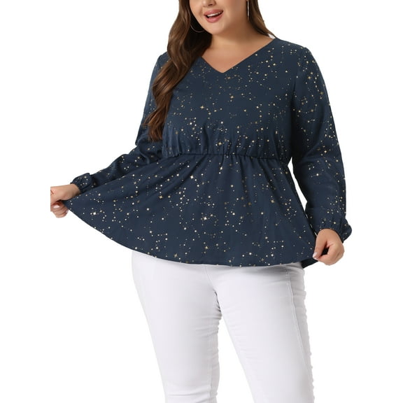 Agnes Orinda Women's Plus Size Valentines Day Tops Long Sleeve V Neck Peplum Ruffled Elastic Waist Blouses 1X Navy Blue