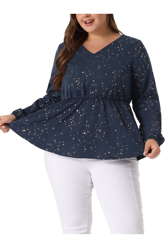 Women's Plus Size Easter Tops Long Sleeve V Neck Peplum Ruffled Elastic Waist Blouses 3X Navy Blue