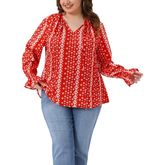 Agnes Orinda Women's Plus Size Tops Boho Drawstring Tassel Tie Notch Neck Flare Long Sleeve Casual Printed Blouses 4X Red