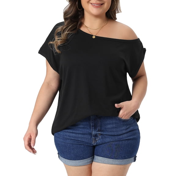 Agnes Orinda Women's Plus Size Tops One Shoulder Short Sleeve Irregular Collar Blouse Summer Casual Basic Tee 2X Black