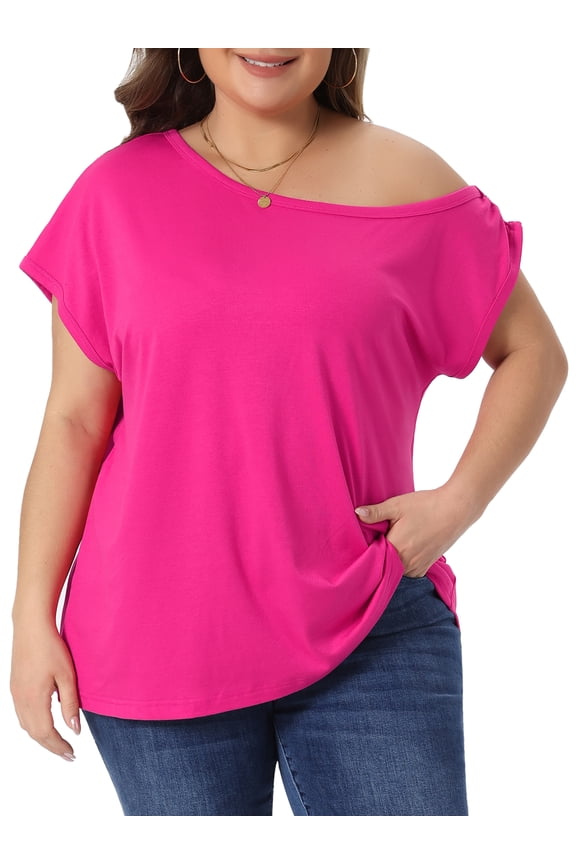 Women's Plus Size Tops One Shoulder Short Sleeve Irregular Collar Blouse Summer Casual Basic Tee 2X Hot Pink