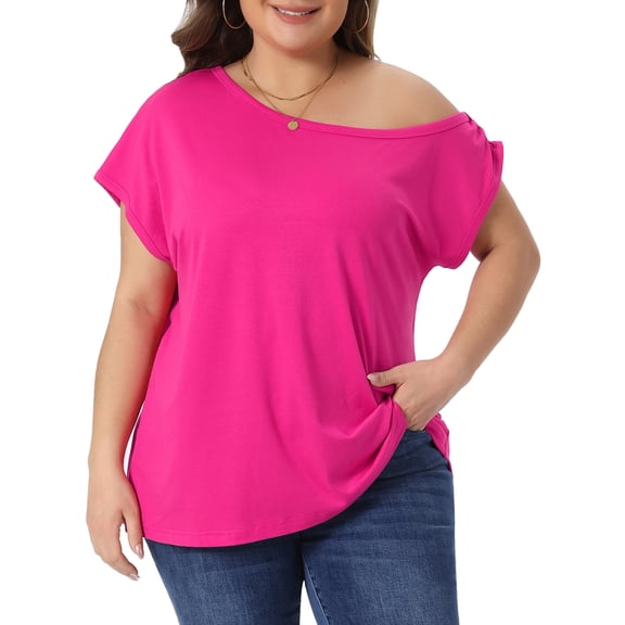 Agnes Orinda Women's Plus Size Tops One Shoulder Short Sleeve Irregular Collar Blouse Summer Casual Basic Tee 3X Hot Pink