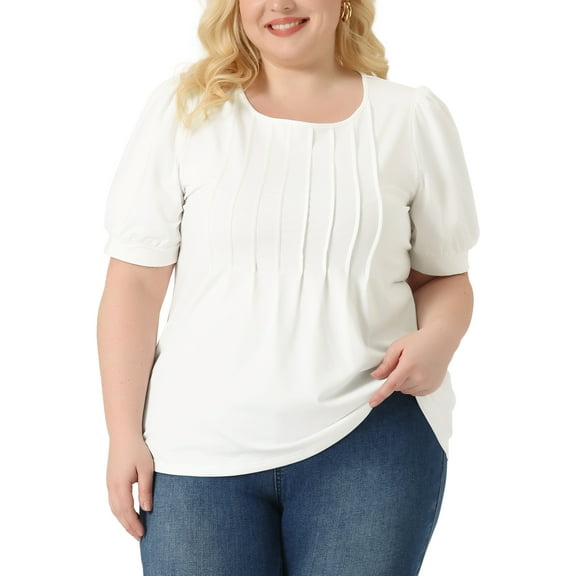 Agnes Orinda Plus Size Tops for Women Puff Short Sleeve Tops Crew Neck Pleated Shirts Tunic Blouses 1X White