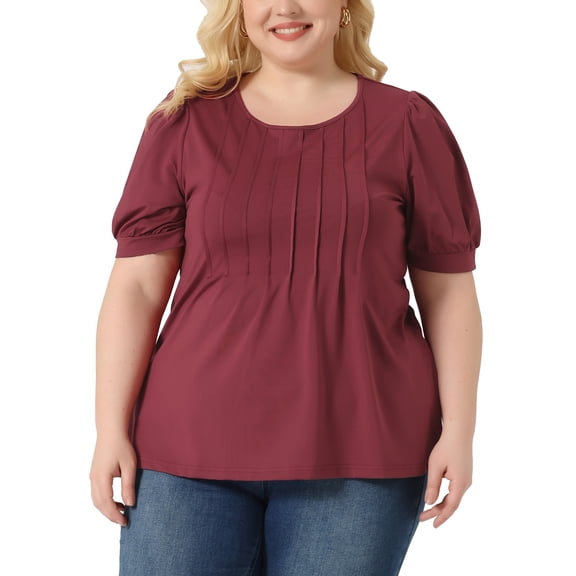 Agnes Orinda Plus Size Tops for Women Puff Short Sleeve Tops Crew Neck Pleated Shirts Tunic Blouses 3X Burgundy